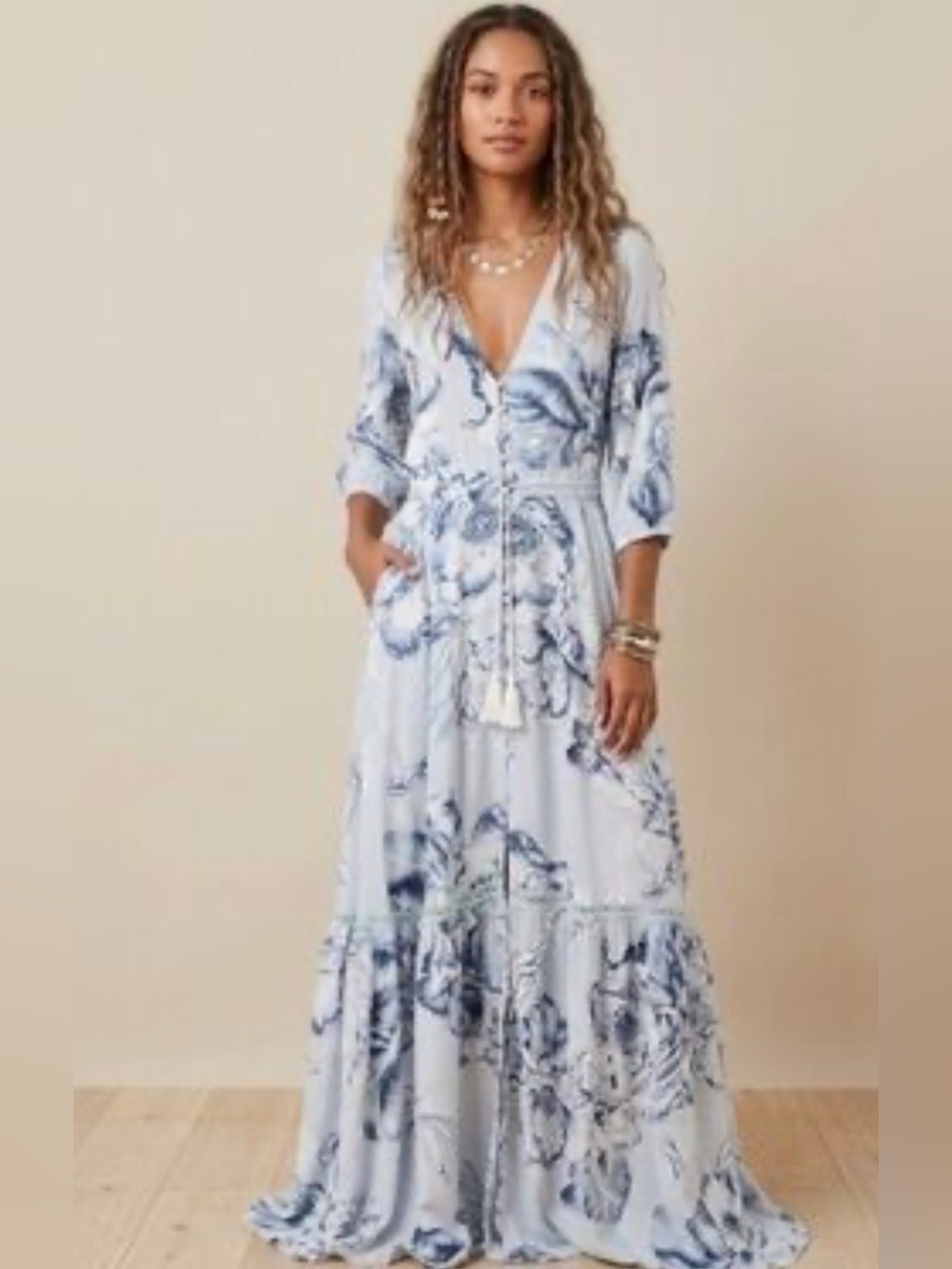 Jaase Floral Boho Maxi Dress Smocked Waist Tassel Tie Asymmetrical Hem Dress L